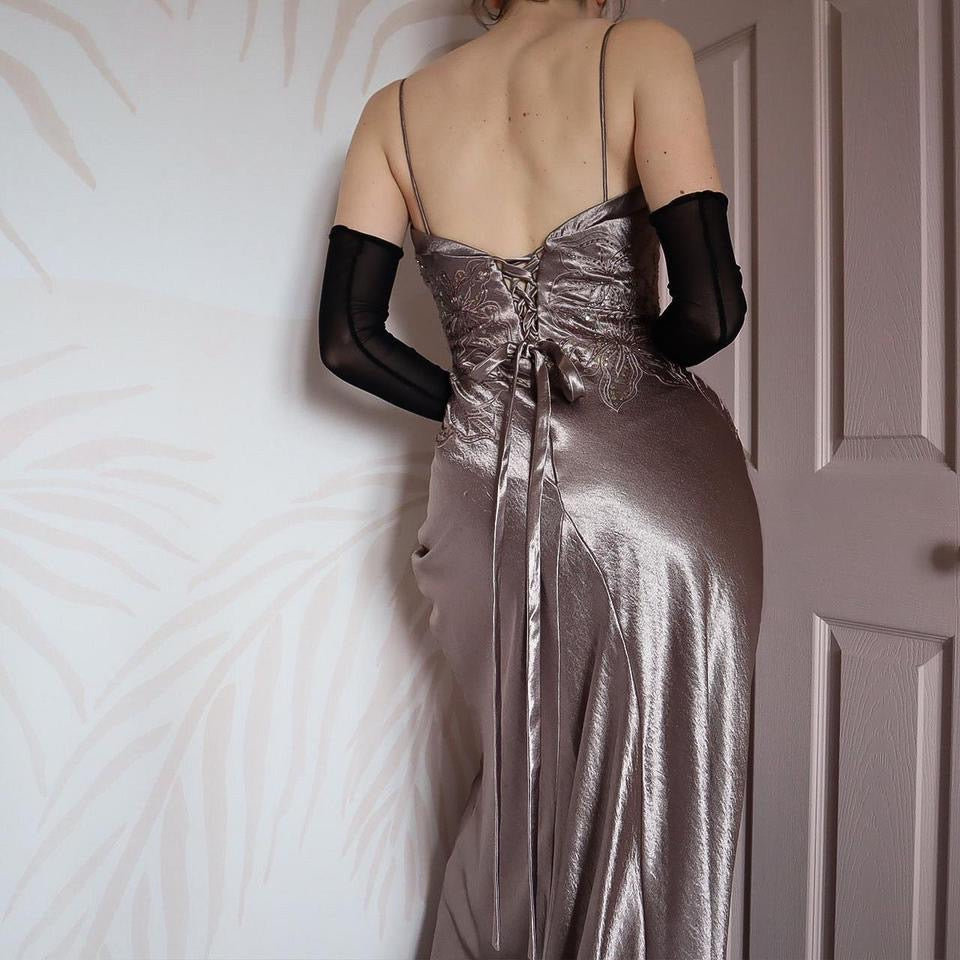 Shimmery Niki Livas silver evening gown UK 10