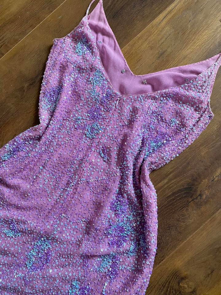 Purple 100% silk beaded/sequin evening dress uk 10-12