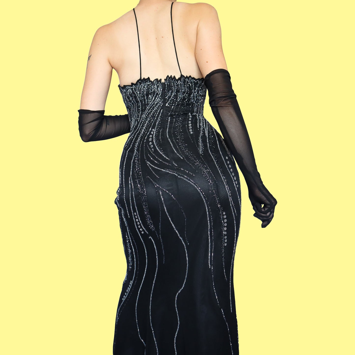 Black 100% silk heavily beaded evening dress UK 10
