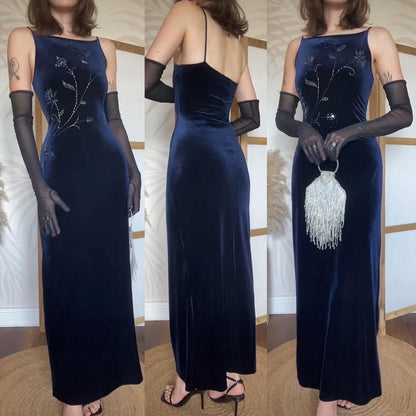 Navy velvet 90s stretch evening dress uk 12