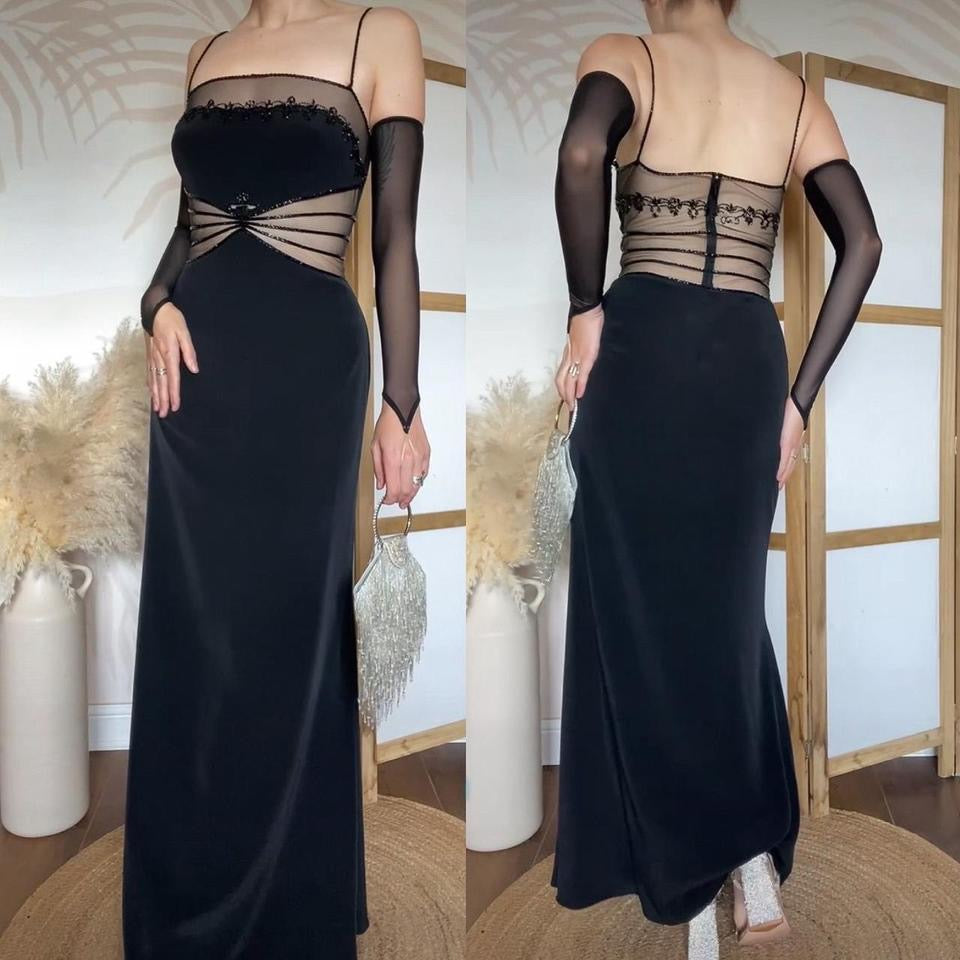Black sheer beaded evening dress uk 10