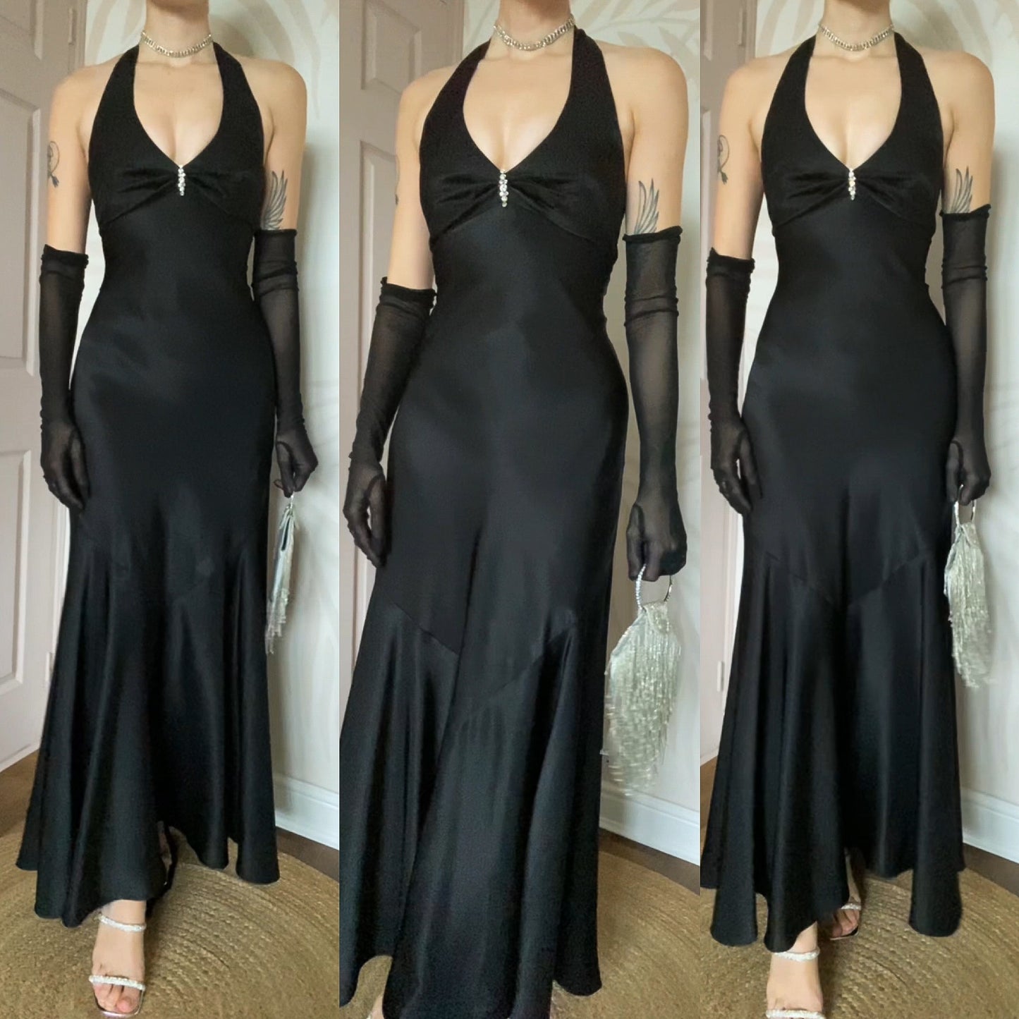 Flori black silky fishtail evening dress UK 10