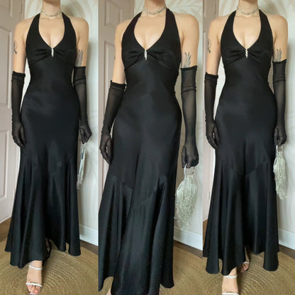 Flori black silky fishtail evening dress UK 10