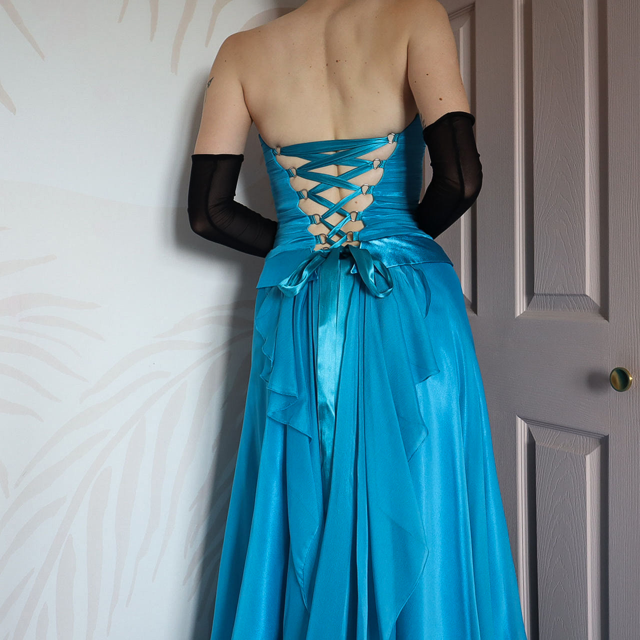 Blue Charas strapless lace up back evening gown UK 10/12