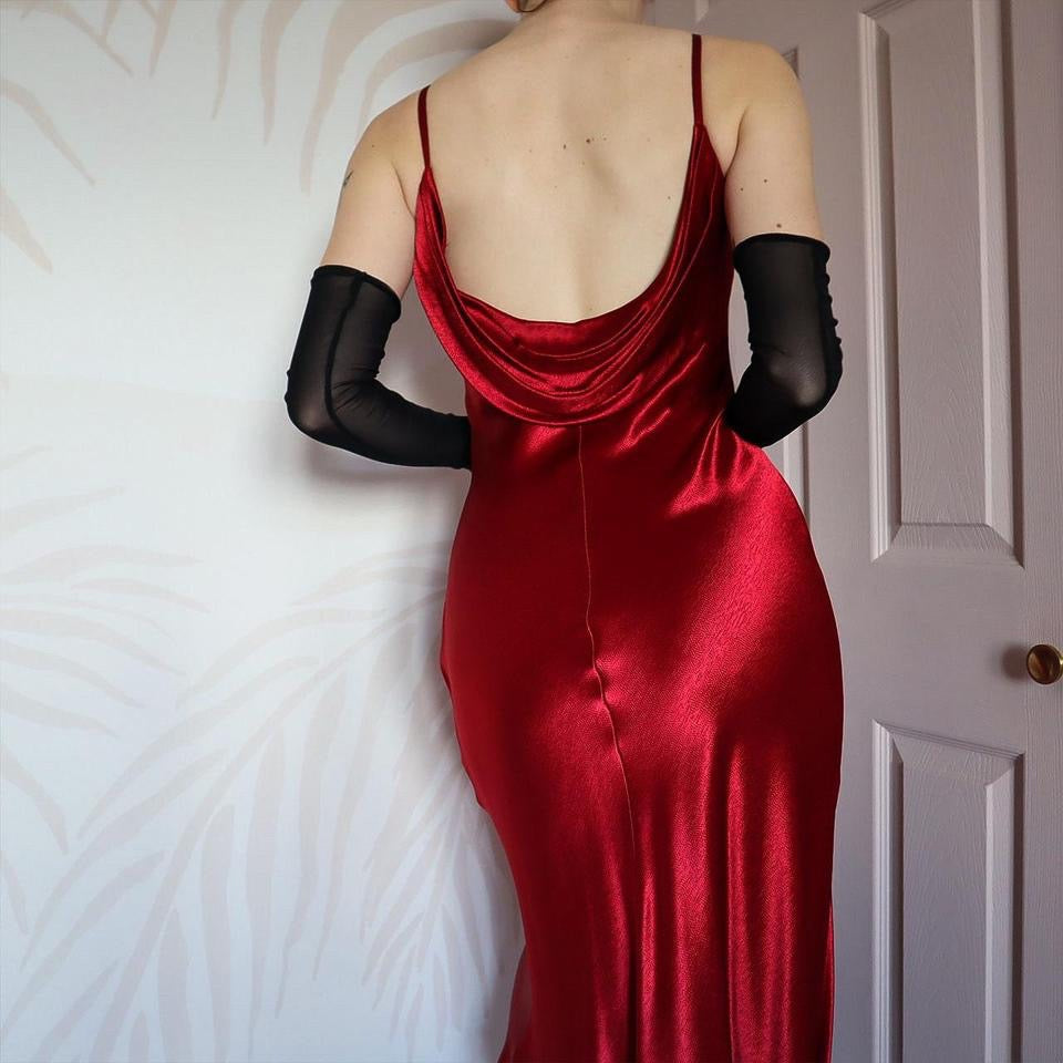 Red satin petite evening dress UK 8 & UK 10