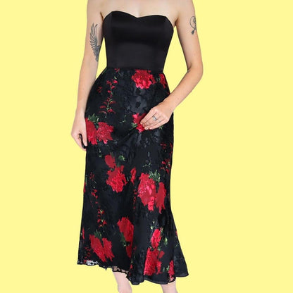 Black silk blend floral midi skirt UK 10