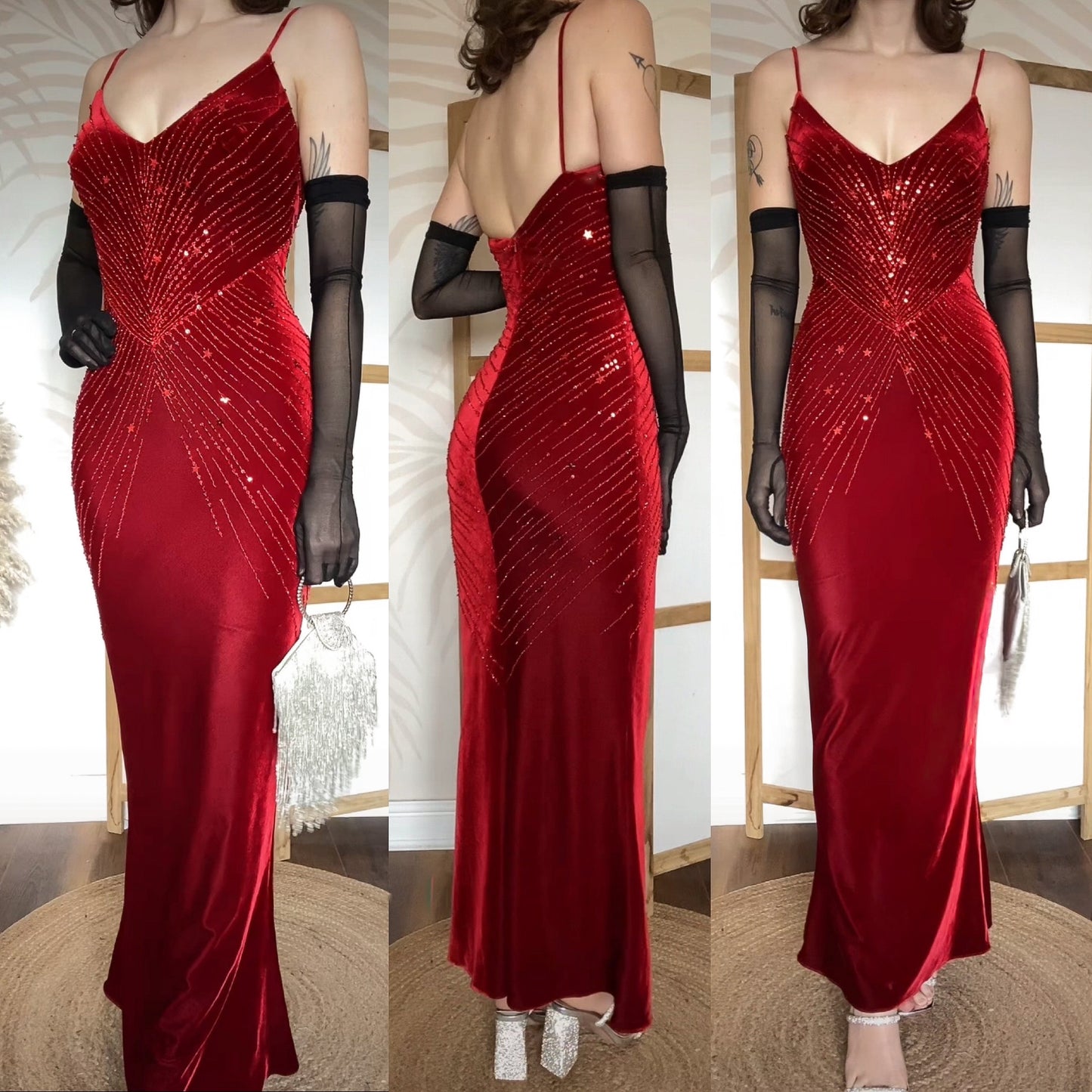 Red velvet stretch beaded party dress uk 10