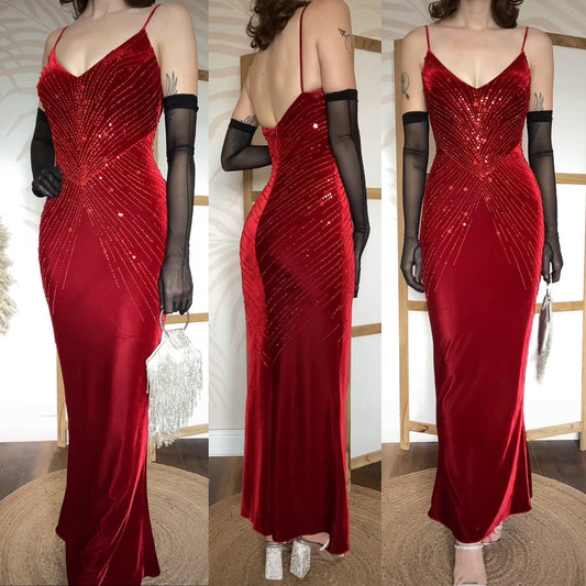 Red velvet stretch beaded party dress uk 10