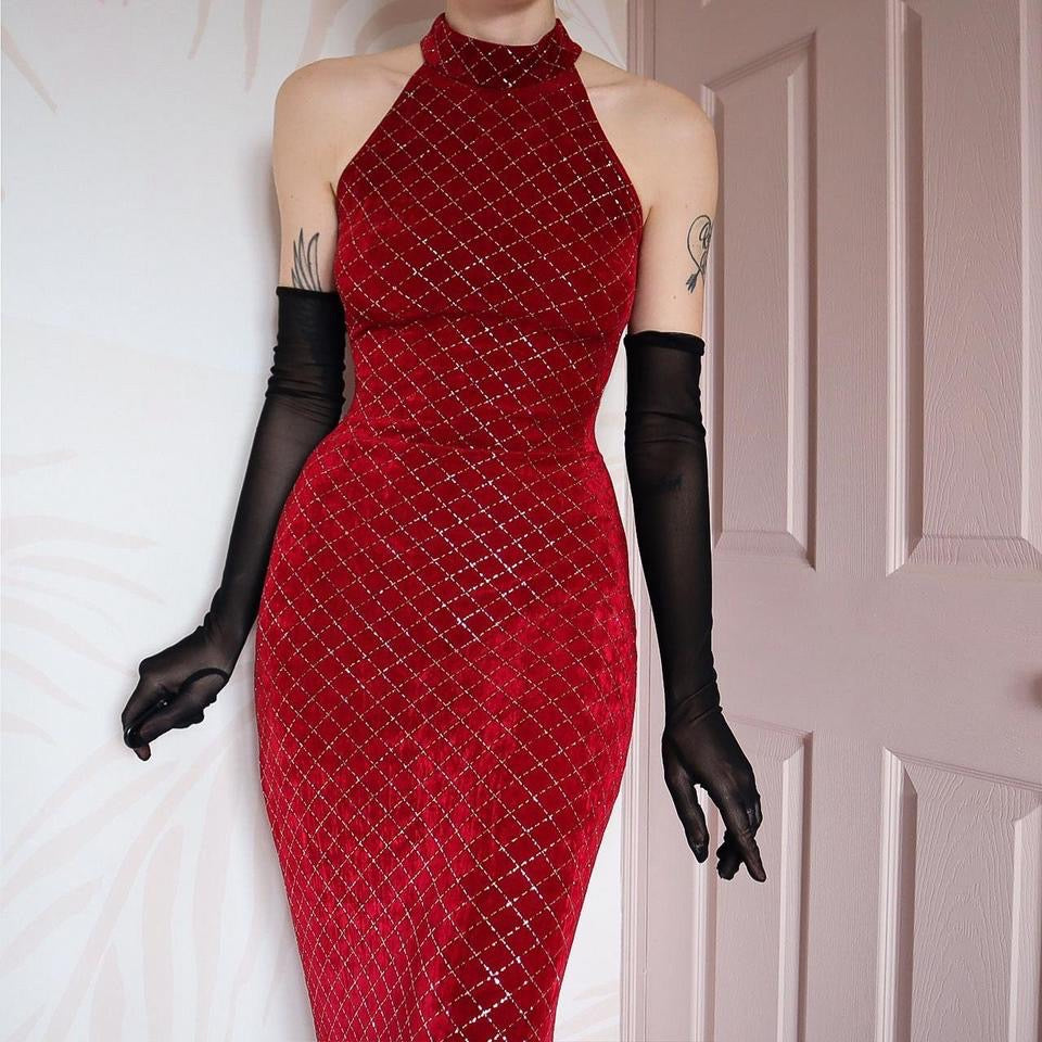 Red stretch high neck glittery evening dress UK 10