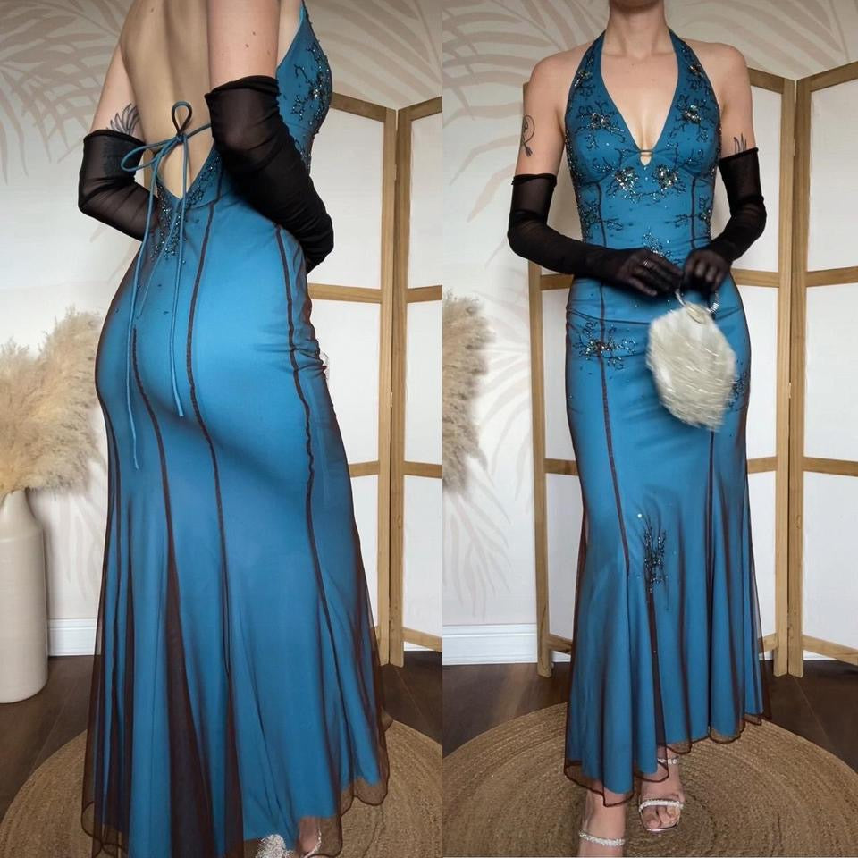 Niki Livas blue stretch halter-neck beaded dress uk 8