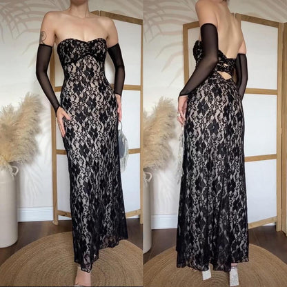 Black lace strapless stretchy evening dress uk 10