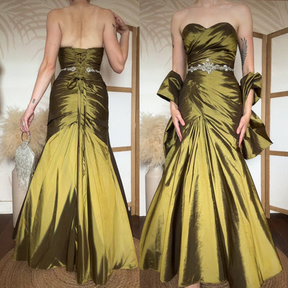Olive green taffeta strapless prom dress uk 8