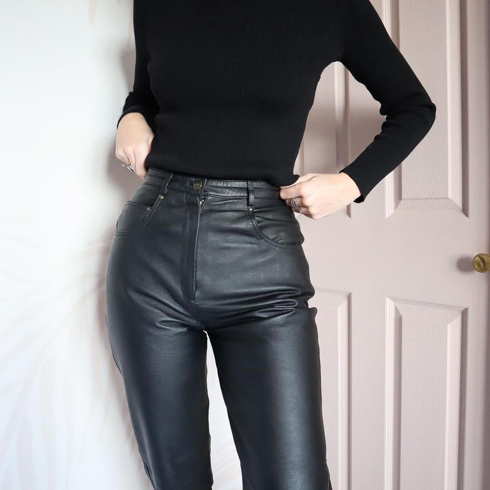 Black real leather trousers UK 8