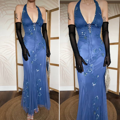 Blue beaded halter neck evening dress uk 12