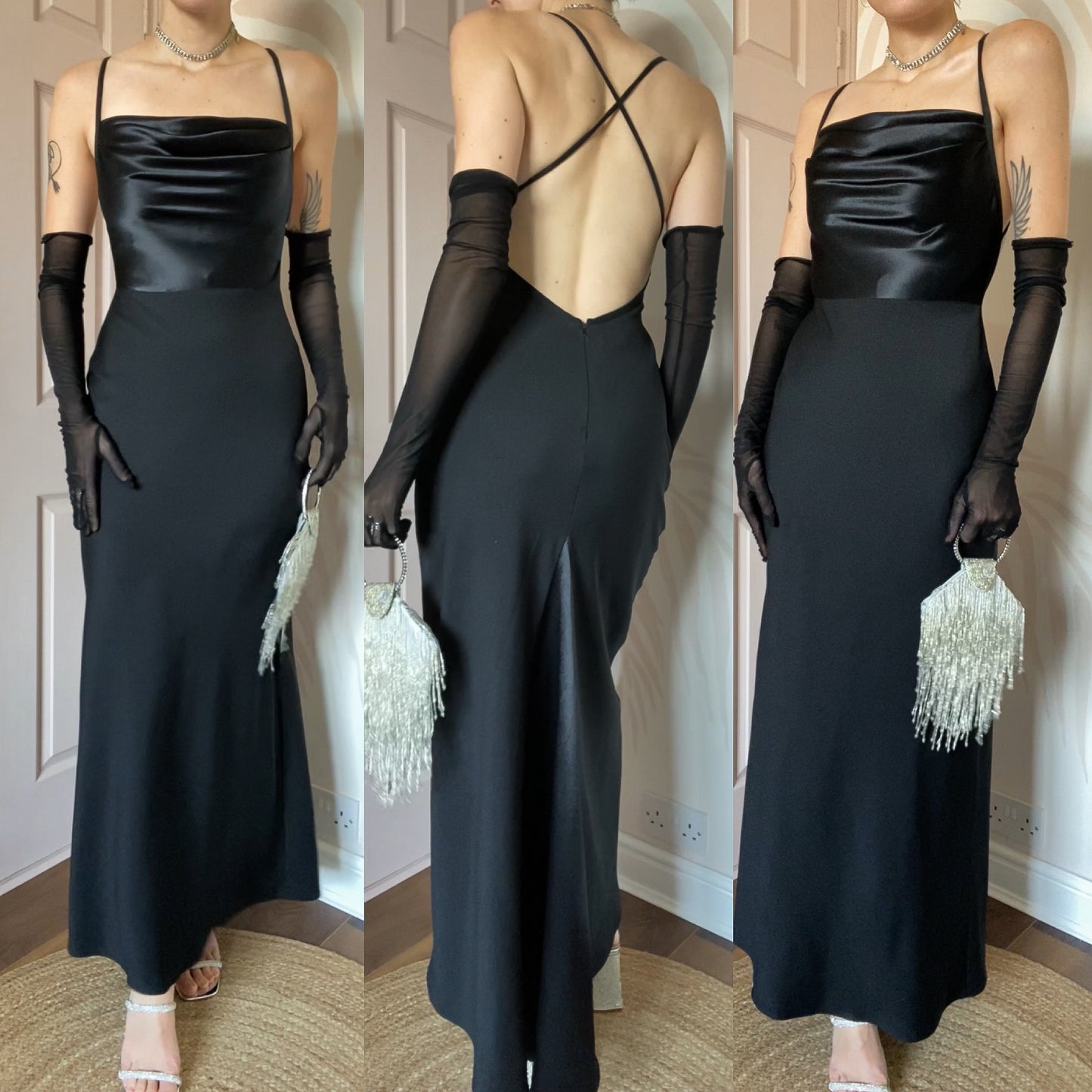 Dawn Stretton black open back evening dress UK 10