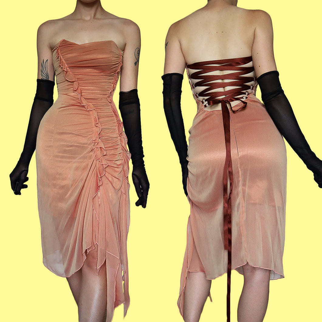 Peach Charas Strapless Lace Up Midi Dress UK 6/8