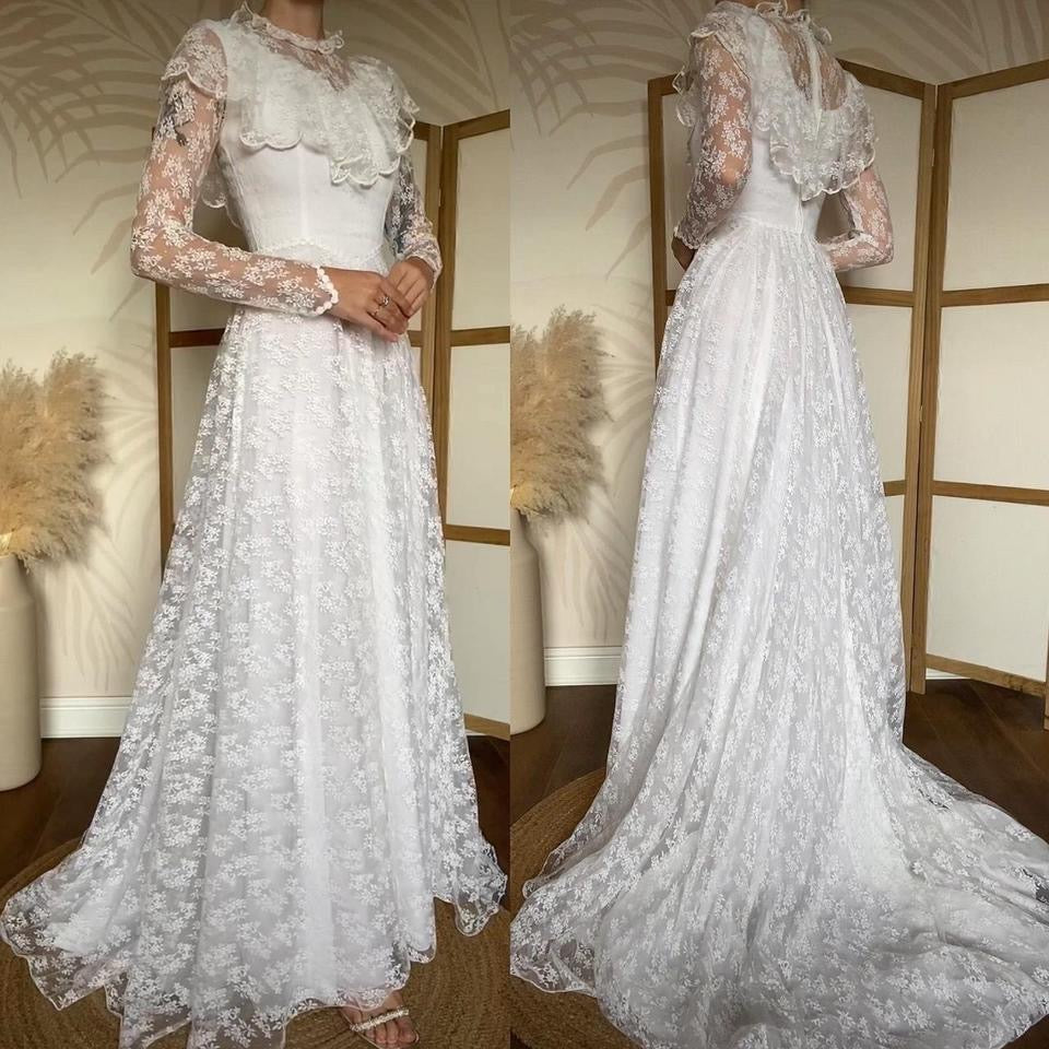 Pronuptia vintage white lace long sleeve wedding dress uk 10