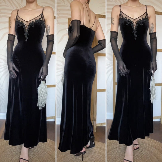 Debut stretch black velvet evening dress UK 14-16