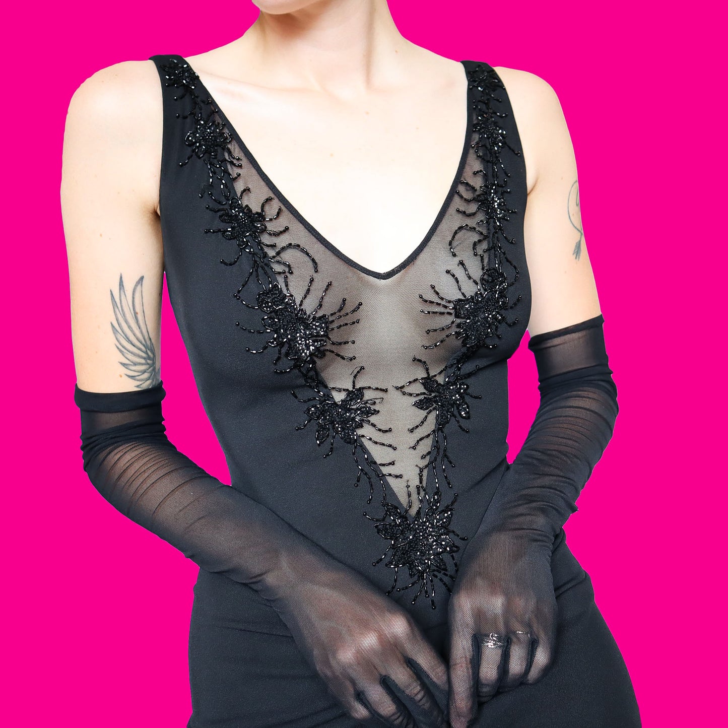 Black stretch low cut beaded evening dress UK 12