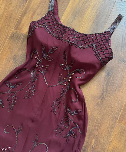 Yve London 100% silk burgundy beaded evening dress uk 10