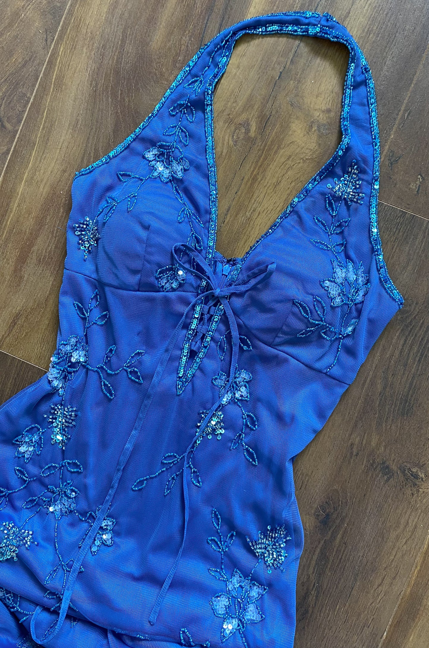 Blue beaded halter neck evening dress uk 12