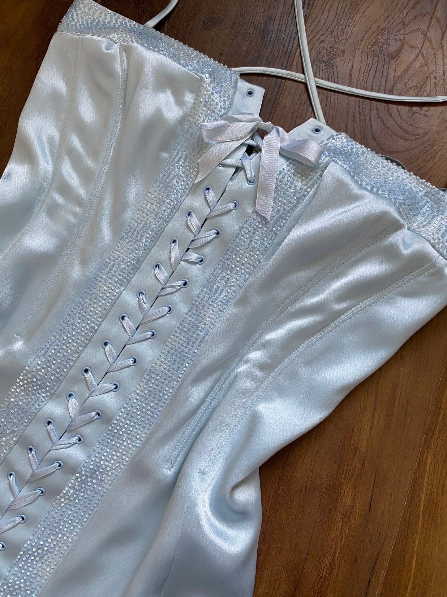 Ice blue beaded lace up evening dress uk 12