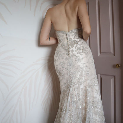 Champagne strapless Ian Staurt lace wedding dress UK 14