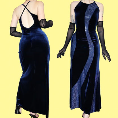 Blue Velvet Sequin Stretch Evening Gown UK 12