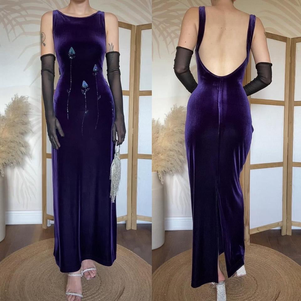 Scene purple velvet stretch evening dress uk 14-16