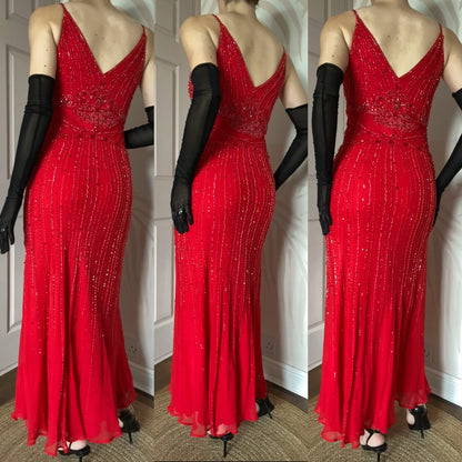Red Gina Bacconi 100% silk beaded evening dress UK 10-12