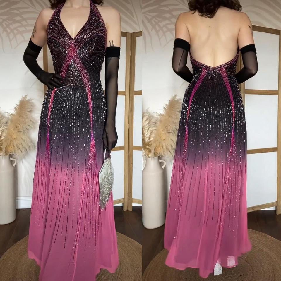 100% silk pink ombré halter neck evening dress uk 8