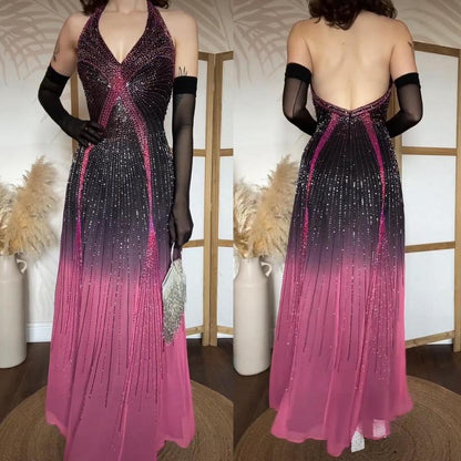 100% silk pink ombré halter neck evening dress uk 8