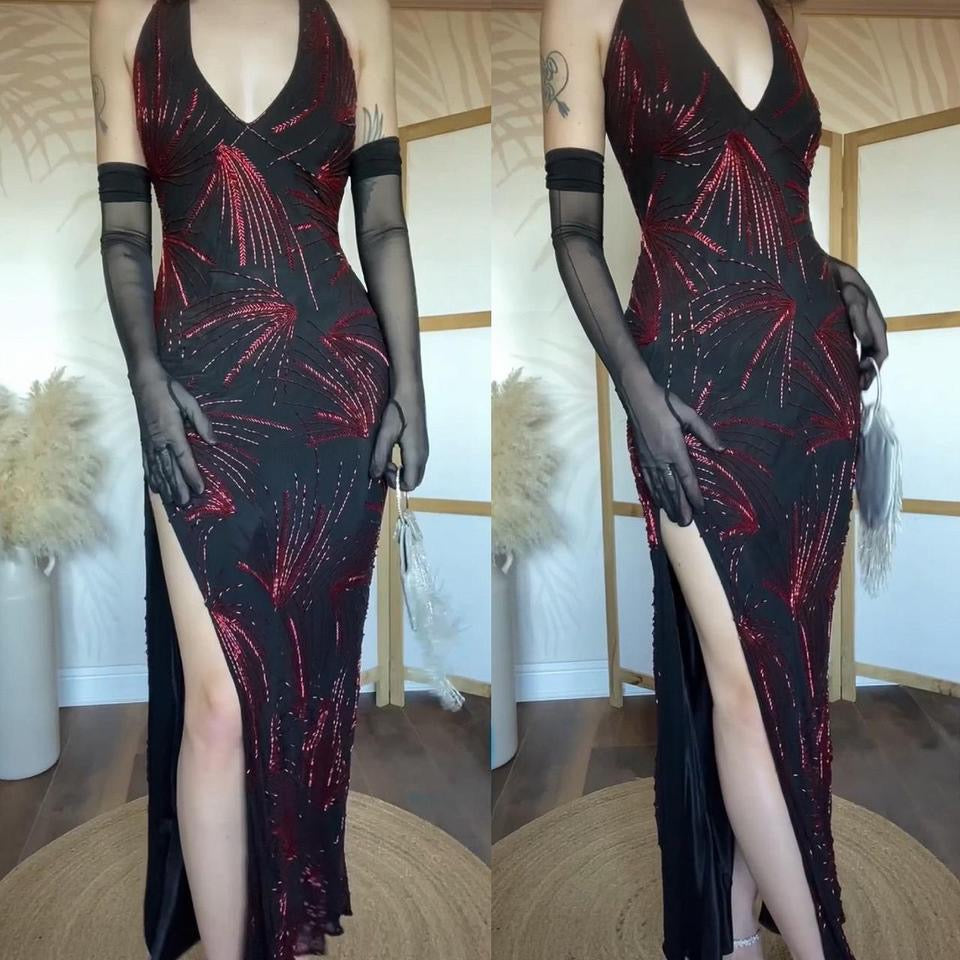 Black & red silk beaded halter-neck evening dress uk 12