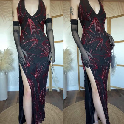 Black & red silk beaded halter-neck evening dress uk 12