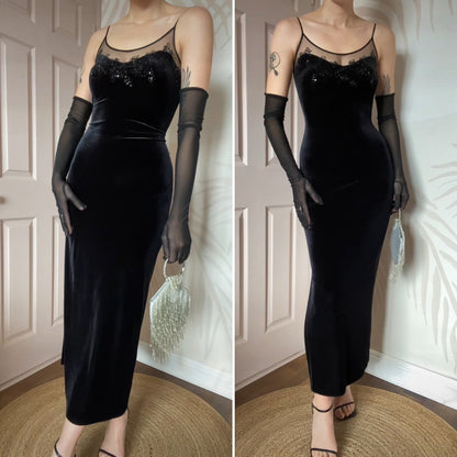 Black velvet petite evening dress UK 14