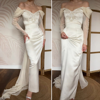 Cream off shoulder fitted wedding dress UK 12