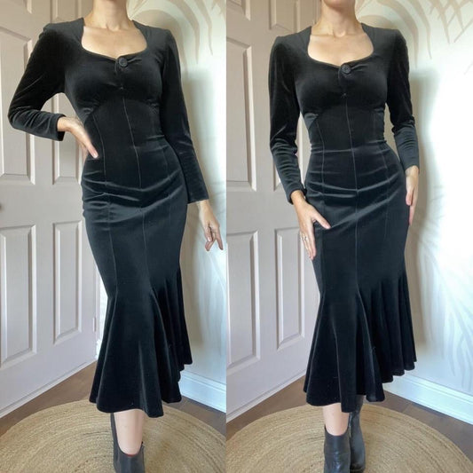 Dusk black velvet long sleeve midi dress UK 10-12