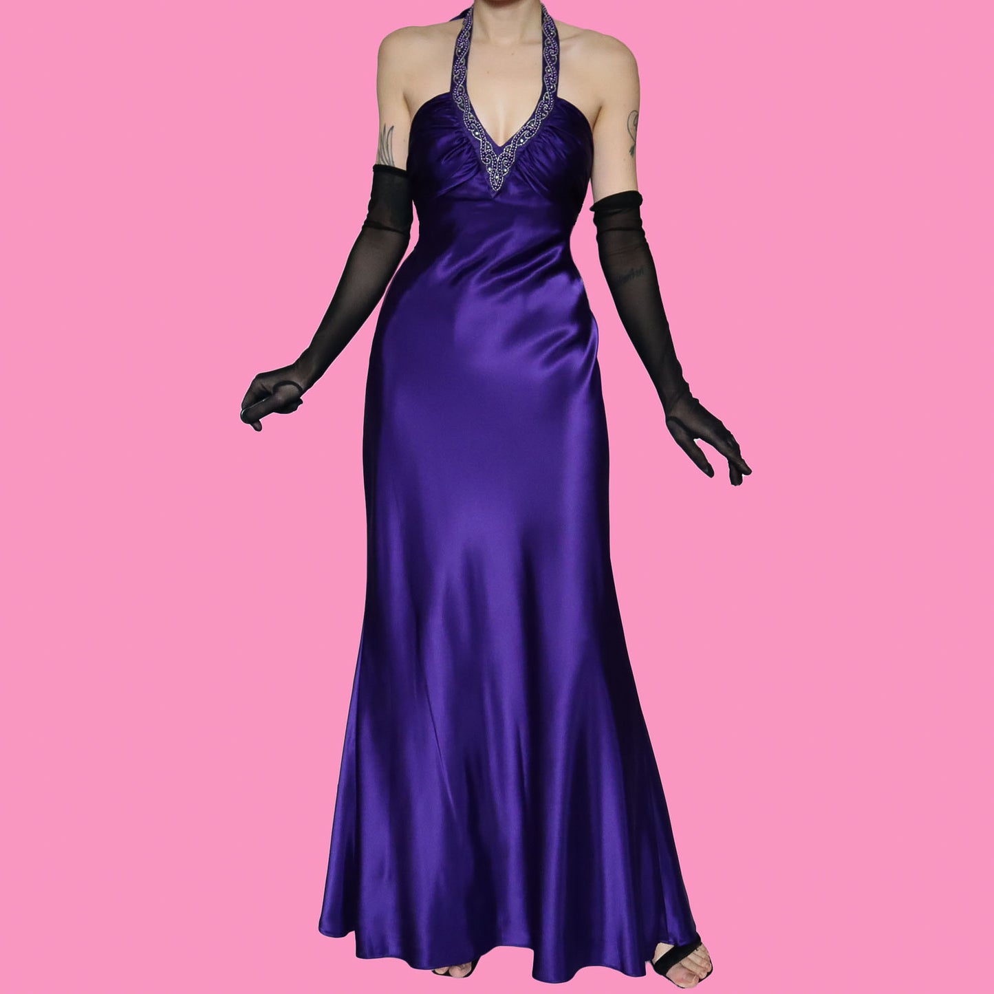 Purple satin halter neck evening gown UK 10