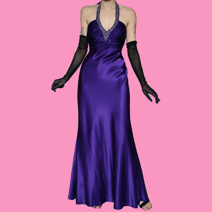 Purple satin halter neck evening gown UK 10