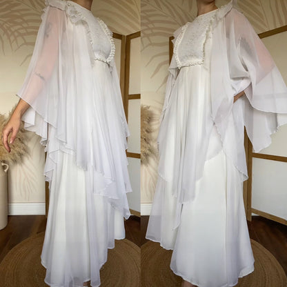 70s petite flared white/cream long sleeve wedding dress uk 8