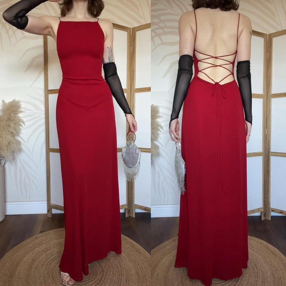 Red stretch 90s lace back evening dress uk 10