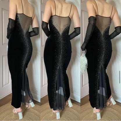 Black 90s Dave & Johnny velvet beaded stretch evening dress UK 8-10