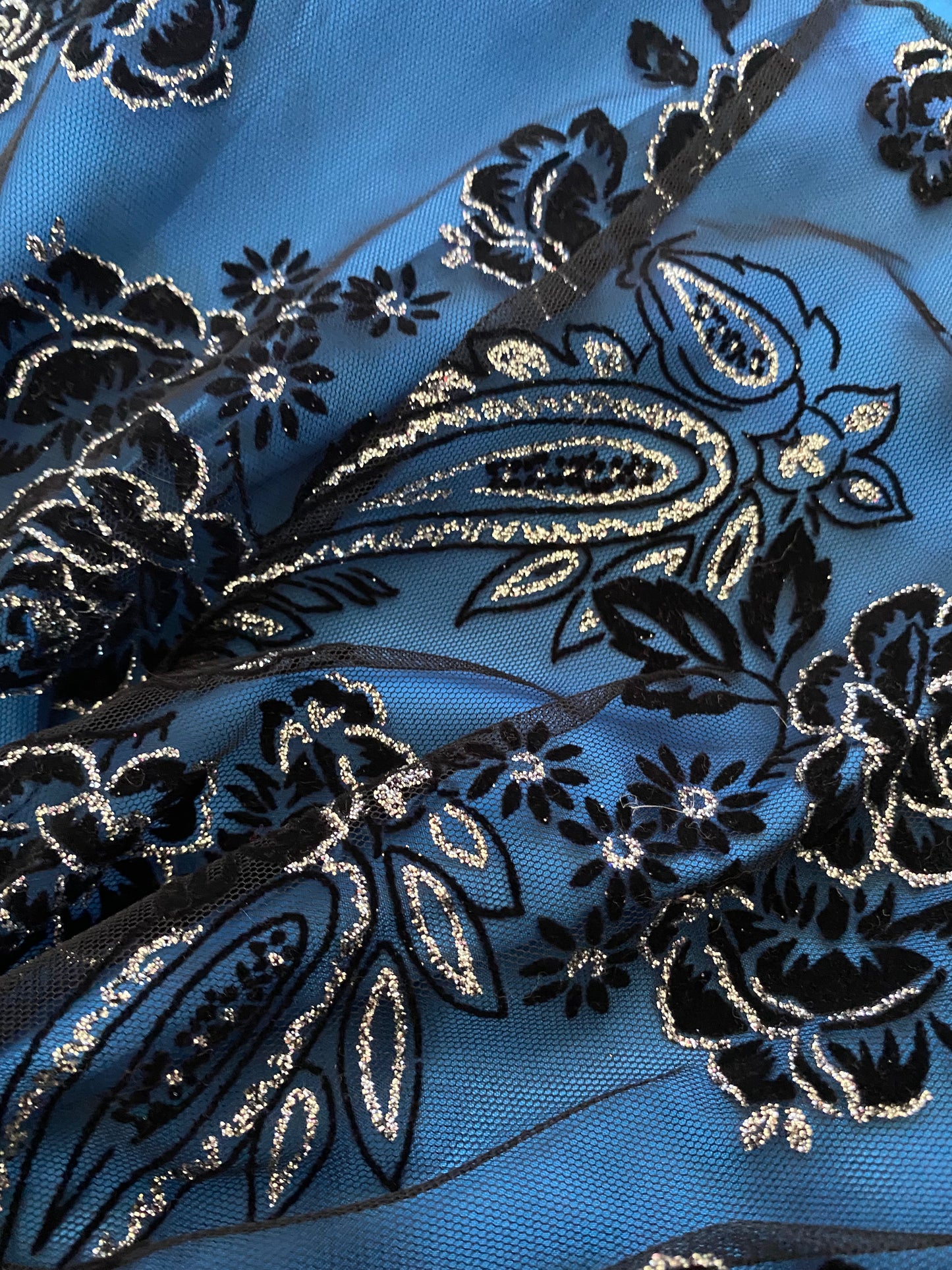 Blue glittery floral strapless evening dress UK 10