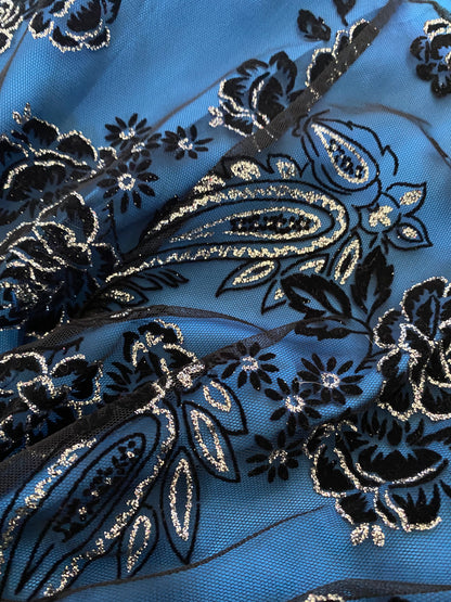 Blue glittery floral strapless evening dress UK 10