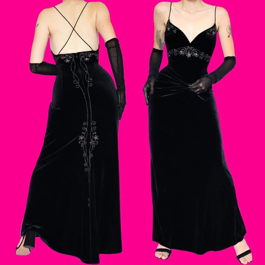Black velvet beaded evening dress UK 14-16