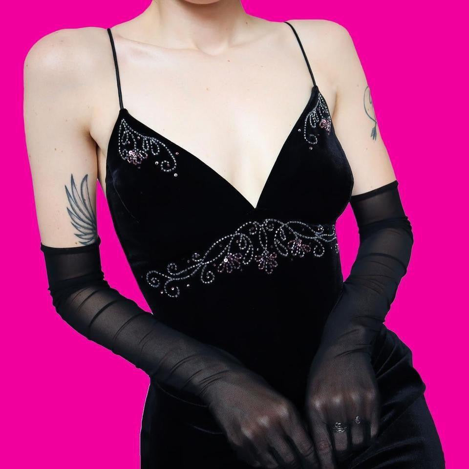 Black velvet beaded evening dress UK 14-16