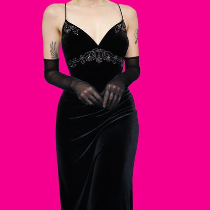 Black velvet beaded evening dress UK 14-16