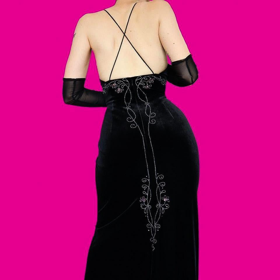 Black velvet beaded evening dress UK 14-16
