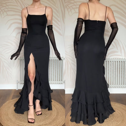 Black frilly hem leg slit evening gown UK 12-14