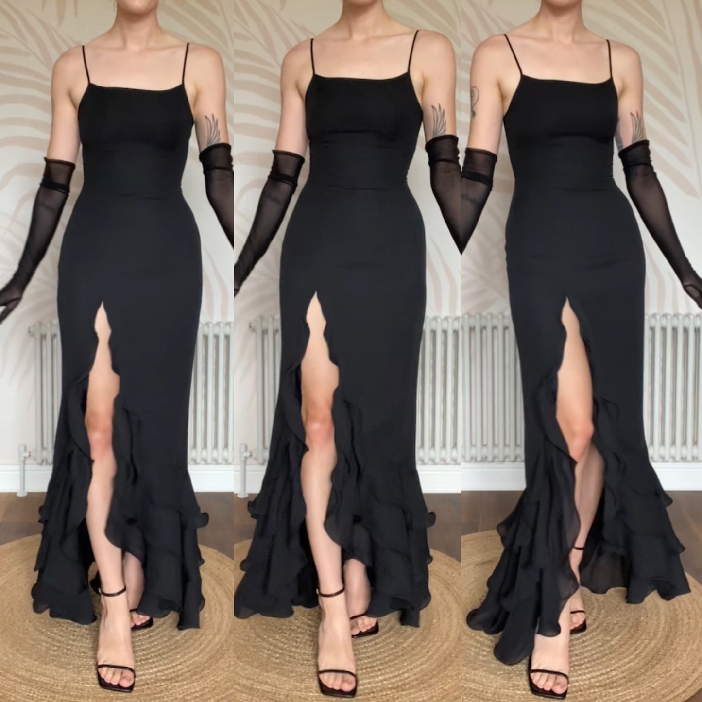 Black frilly hem leg slit evening gown UK 12-14
